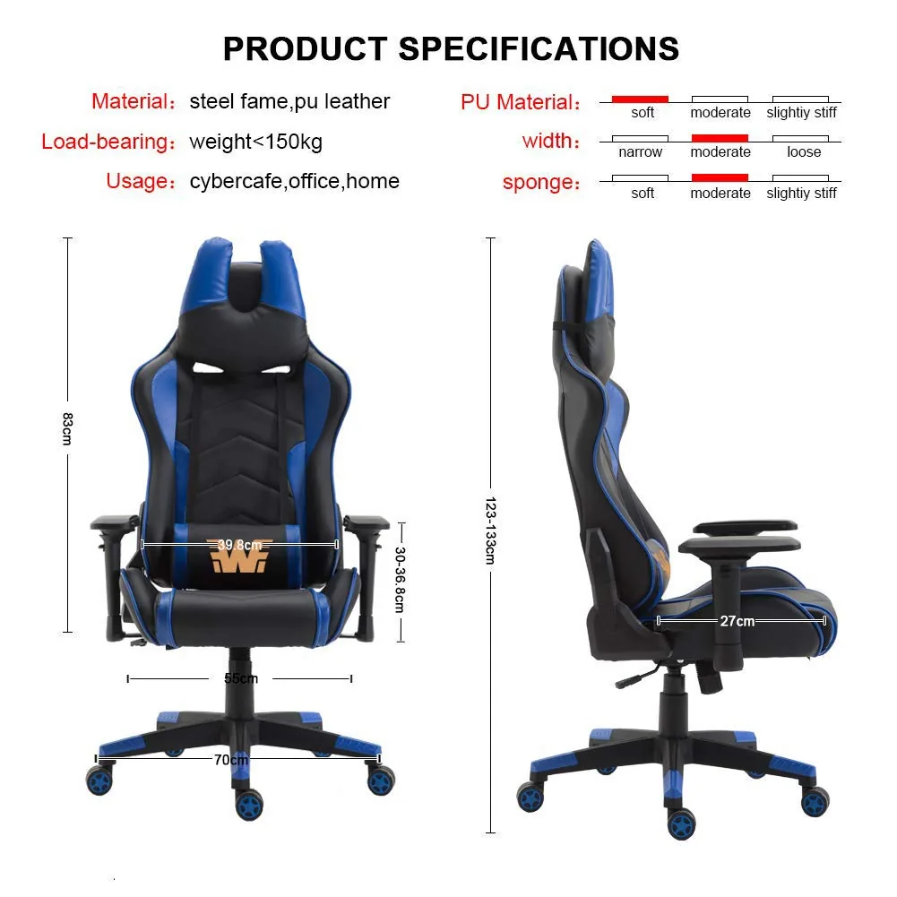 Silla de Ergonomica Racing Gaming – Silla Ejecutiva de Oficina para Gamers , Wahson Eposacabezas en Forma de u Silla Deporte , con Reposabrazos Ajustables 4D (azul negro)