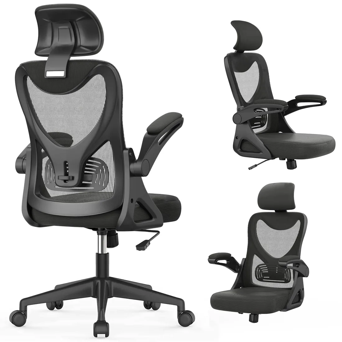 Silla de oficina ergonómica con soporte lumbar, reposabrazos y reposacabezas ajustables, silla de ordenador giratoria con respaldo alto, cómoda, para oficina en casa, negra